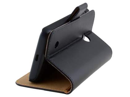 Nokia Lumia 530 Genuine Leather Wallet Case with Stand - Classic Black