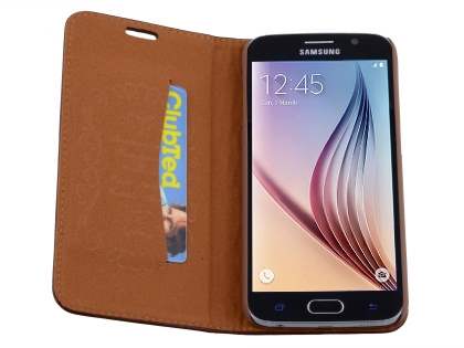 Slim Genuine Textured Leather Wallet Case with Stand for Samsung Galaxy S6 - Dark Brown