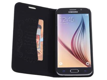Slim Genuine Textured Leather Wallet Case with Stand for Samsung Galaxy S6 - Classic Black