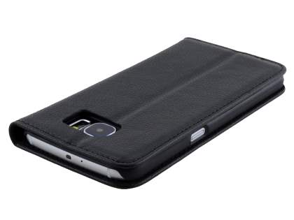 Slim Genuine Textured Leather Wallet Case with Stand for Samsung Galaxy S6 - Classic Black