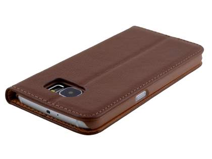 Slim Genuine Textured Leather Wallet Case with Stand for Samsung Galaxy S6 - Dark Brown