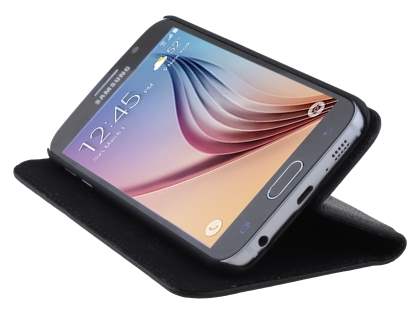 Slim Genuine Textured Leather Wallet Case with Stand for Samsung Galaxy S6 - Classic Black