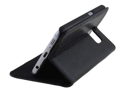 Slim Genuine Textured Leather Wallet Case with Stand for Samsung Galaxy S6 - Classic Black