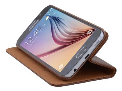 Slim Genuine Textured Leather Wallet Case with Stand for Samsung Galaxy S6 - Dark Brown