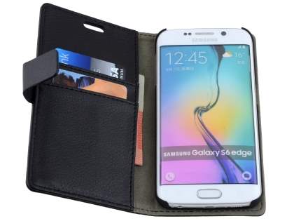 Slim Synthetic Leather Wallet Case with Stand for Samsung Galaxy S6 Edge - Classic Black