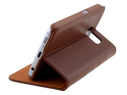 Slim Genuine Textured Leather Wallet Case with Stand for Samsung Galaxy S6 - Dark Brown