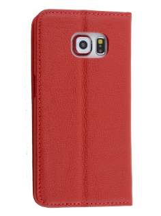 Slim Genuine Textured Leather Wallet Case with Stand for Samsung Galaxy S6 Edge - Red Leather Wallet Case