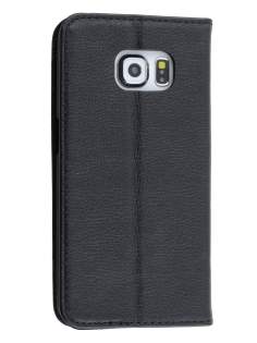 Slim Genuine Textured Leather Wallet Case with Stand for Samsung Galaxy S6 Edge - Classic Black Leather Wallet Case