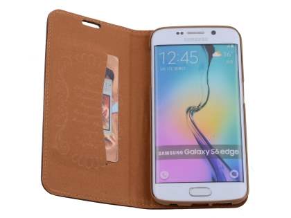 Slim Genuine Textured Leather Wallet Case with Stand for Samsung Galaxy S6 Edge - Brown