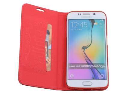 Slim Genuine Textured Leather Wallet Case with Stand for Samsung Galaxy S6 Edge - Red