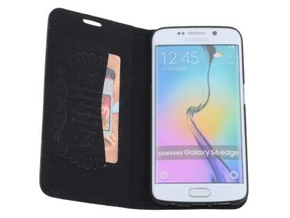 Slim Genuine Textured Leather Wallet Case with Stand for Samsung Galaxy S6 Edge - Classic Black