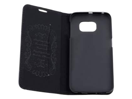Slim Genuine Textured Leather Wallet Case with Stand for Samsung Galaxy S6 Edge - Classic Black