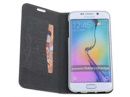Slim Genuine Textured Leather Wallet Case with Stand for Samsung Galaxy S6 Edge - Pearl White