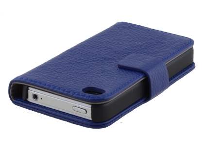Premium iPhone 4S/4 Genuine Leather Wallet Case - Dark Blue