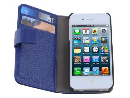 Premium iPhone 4S/4 Genuine Leather Wallet Case - Dark Blue