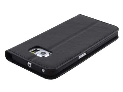 Slim Genuine Textured Leather Wallet Case with Stand for Samsung Galaxy S6 Edge - Classic Black