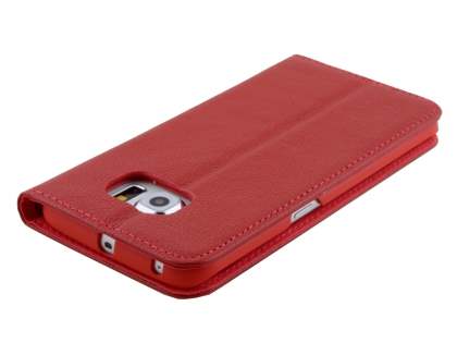Slim Genuine Textured Leather Wallet Case with Stand for Samsung Galaxy S6 Edge - Red