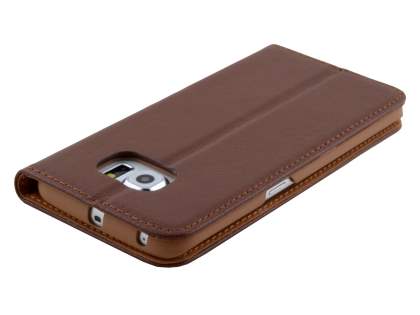 Slim Genuine Textured Leather Wallet Case with Stand for Samsung Galaxy S6 Edge - Brown