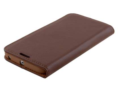 Slim Genuine Textured Leather Wallet Case with Stand for Samsung Galaxy S6 Edge - Brown