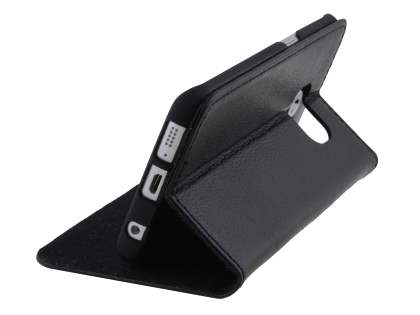 Slim Genuine Textured Leather Wallet Case with Stand for Samsung Galaxy S6 Edge - Classic Black