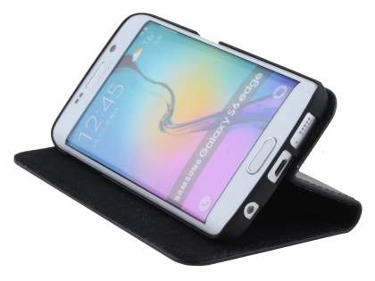 Slim Genuine Textured Leather Wallet Case with Stand for Samsung Galaxy S6 Edge - Classic Black
