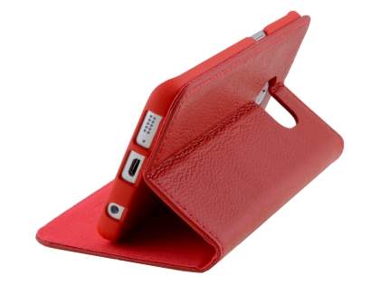 Slim Genuine Textured Leather Wallet Case with Stand for Samsung Galaxy S6 Edge - Red