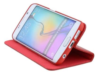 Slim Genuine Textured Leather Wallet Case with Stand for Samsung Galaxy S6 Edge - Red