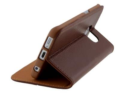 Slim Genuine Textured Leather Wallet Case with Stand for Samsung Galaxy S6 Edge - Brown