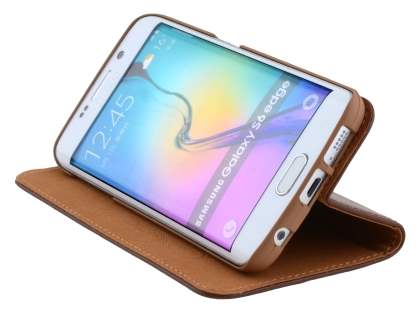 Slim Genuine Textured Leather Wallet Case with Stand for Samsung Galaxy S6 Edge - Brown