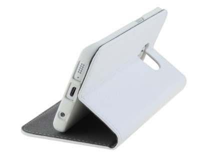 Slim Genuine Textured Leather Wallet Case with Stand for Samsung Galaxy S6 Edge - Pearl White