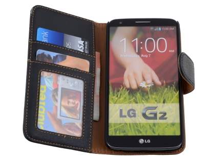 Synthetic Leather Wallet Case with Stand for LG G2 - Classic Black