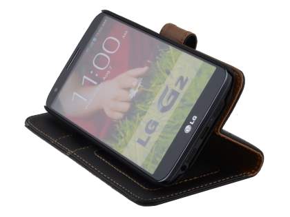 Synthetic Leather Wallet Case with Stand for LG G2 - Classic Black