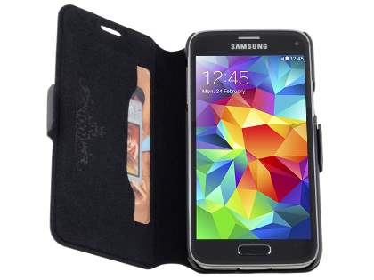 Slim Genuine Leather Portfolio Case for Samsung Galaxy S5 mini - Classic Black