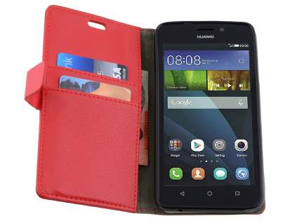 Slim Synthetic Leather Wallet Case with Stand for Huawei Y635 - Red