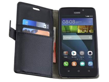 Slim Synthetic Leather Wallet Case with Stand for Huawei Y635 - Classic Black