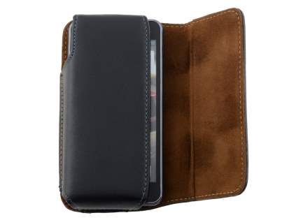 Extra-tough Genuine Leather ShineColours belt pouch for HTC One V - Classic Black