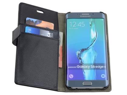 Slim Synthetic Leather Wallet Case with Stand for Samsung Galaxy S6 Edge Plus - Classic Black