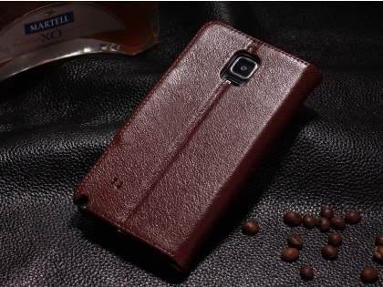 Top Grain Leather Wallet Case With Stand for Samsung Galaxy Note 4 - Rosewood