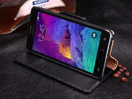 Top Grain Leather Wallet Case With Stand for Samsung Galaxy Note 4 - Rosewood