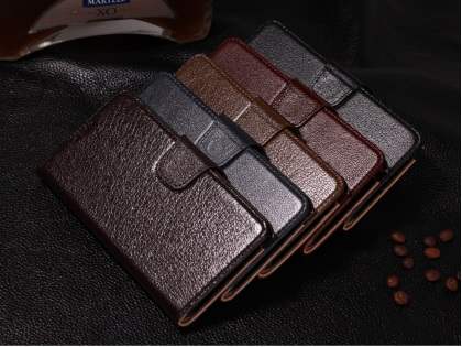Top Grain Leather Wallet Case With Stand for Samsung Galaxy Note 4 - Rosewood