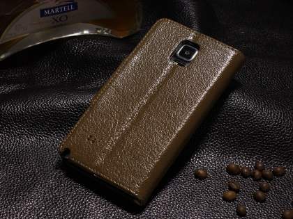 Top Grain Leather Wallet Case With Stand for Samsung Galaxy Note 4 - Dark Khaki