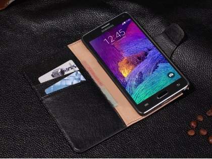 Top Grain Leather Wallet Case With Stand for Samsung Galaxy Note 4 - Dark Khaki