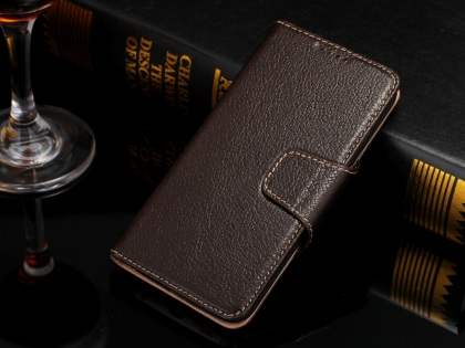 Top Grain Leather Wallet Case With Stand for Samsung Galaxy S6 Edge - Dark Brown Leather Wallet Case