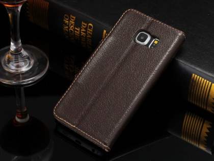 Top Grain Leather Wallet Case With Stand for Samsung Galaxy S6 Edge - Dark Brown