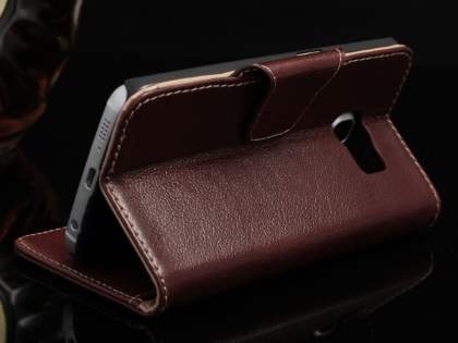 Top Grain Leather Wallet Case With Stand for Samsung Galaxy S6 Edge - Dark Brown