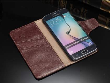 Top Grain Leather Wallet Case With Stand for Samsung Galaxy S6 Edge - Dark Brown