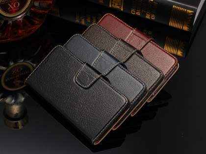 Top Grain Leather Wallet Case With Stand for Samsung Galaxy S6 Edge - Dark Brown