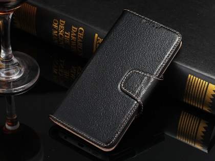 Top Grain Leather Wallet Case With Stand for Samsung Galaxy S6 Edge - Classic Black Leather Wallet Case