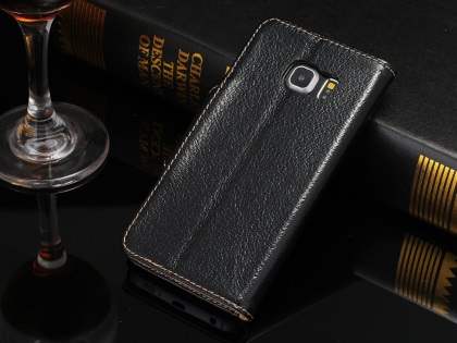 Top Grain Leather Wallet Case With Stand for Samsung Galaxy S6 Edge - Classic Black