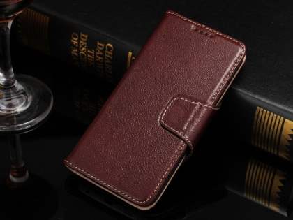Top Grain Leather Wallet Case With Stand for Samsung Galaxy S6 Edge - Rosewood Leather Wallet Case